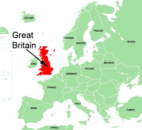 Map of Great Britain (in red) and mainland Europe. The British Isles