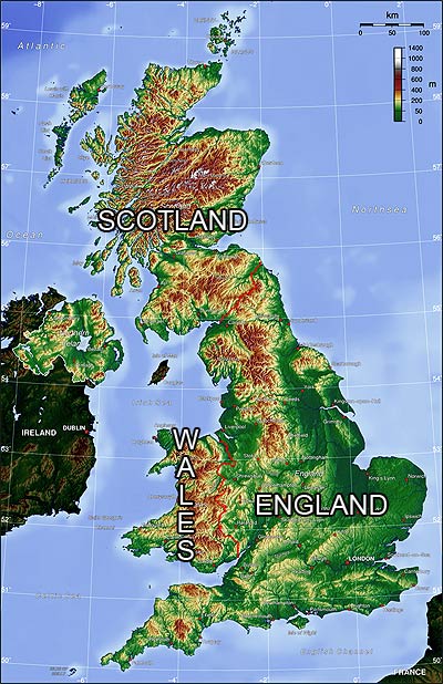 Topography map of the UK.