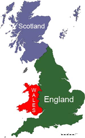 Map of Great Britain, showing the countries of England, Scotland, and Wales.