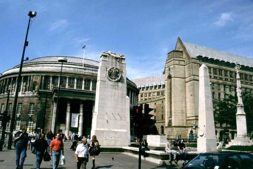Manchester Central Library and Town Hall Extensions with the Cenotaph in the foreground.