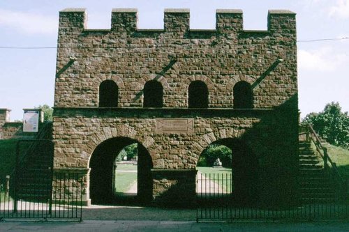 The reconstructed Roman gateway and walls at Castlefield, Manchester.