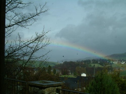 View of a Yorkshire rainbow from a cafe in Haworth, West Yorkshire