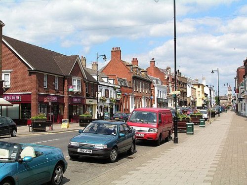 The Centre of Newmarket, Suffolk, with clock tower visible in the distance.