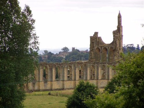 Byland Abbey with Coxwold church in the distance, near Thirsk, North Yorkshire