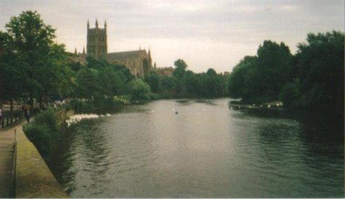 Worcester cathedral and river Severn viewed from the bridge