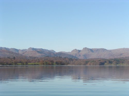 Lake Windermere on an autumn morning, looking towards Bowfell and the Langdale Pikes