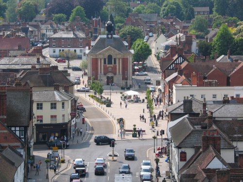 Henley on Thames, Oxfordshire. Town Hall and Market Place, view from tower of St Mary's church.