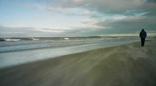 Beach of Bamburgh at Northumberland Coast with view on the Inner Sound island