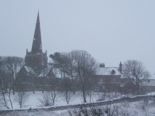 St George's Church, Millom, Cumbria. Snow still falling.