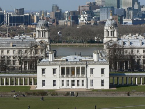 The famous view of The Queen's House and Royal Naval College from Greenwich Park, London