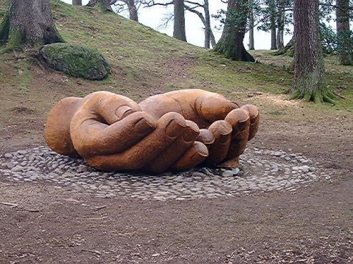 Hands carved out of tree near Brandelhow, on shore of Derwentwater, Lake District