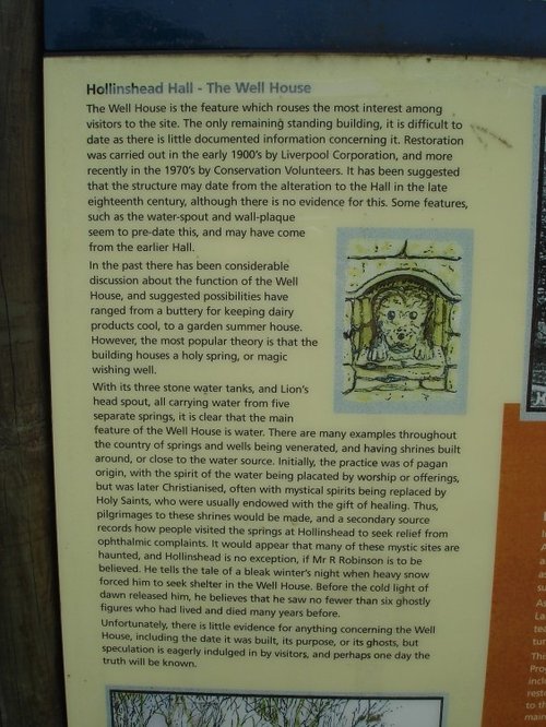Information on the Well House, Hollinshead Hall, Tockholes, Lancashire.