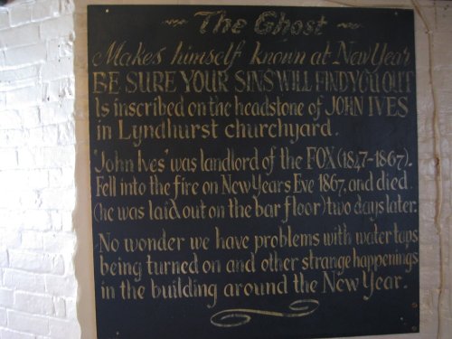 Plaque on the wall inside the Fox and Hounds Pub, Lyndhurst.