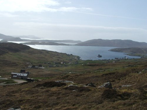 View from Mt Heaval onto Castlebay and Islands behind