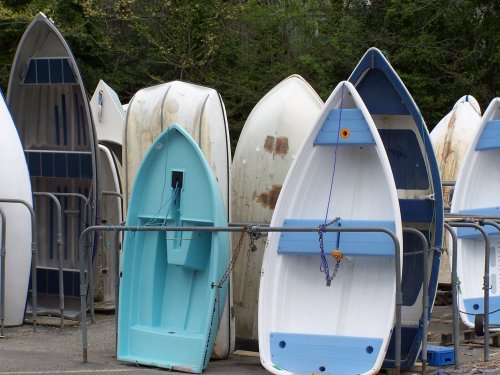 Boats in Bodinick ferry car park, Fowey, Cornwall.
