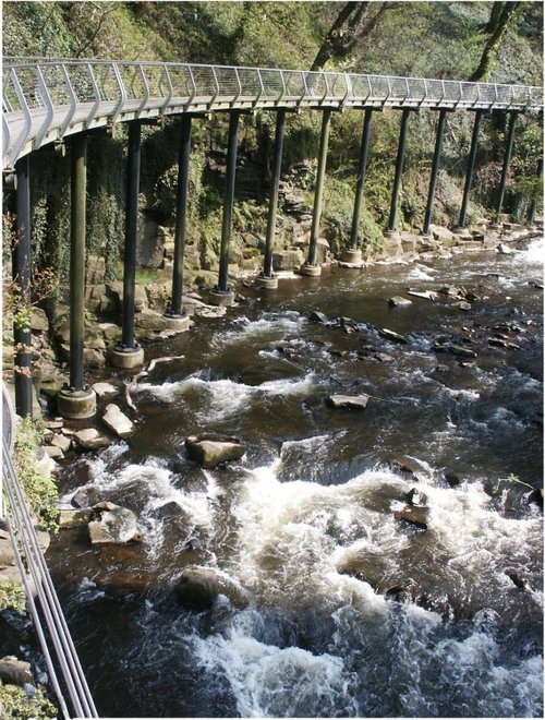 Derbyshire; New Mills; The millenium walkway and the river goyt.
