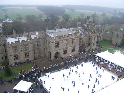 Ice skating at Warwick castle, viewed from the tower.