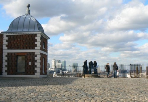 Looking towards Canary Wharf across the courtyard of The Old Royal Observatory, Greenwich