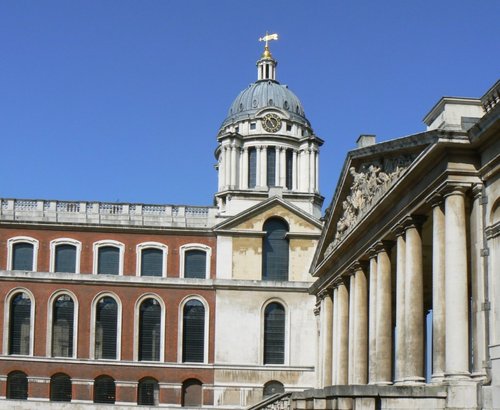View of the West dome of The Royal Naval College, Greenwich from The King William Court.