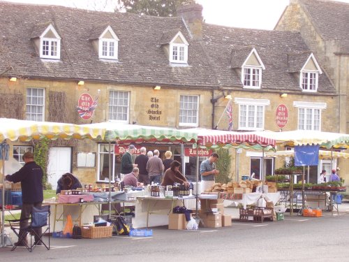 Farmers market in the market place at Stow-on-the-Wold, Gloucestershire.