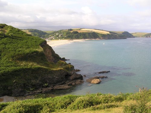 Distant view of Pentewan beach, Cornwall