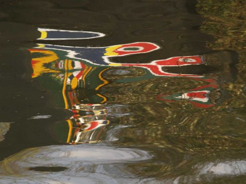 Reflection of narrowboat, Napton lock-flight, Oxford Canal