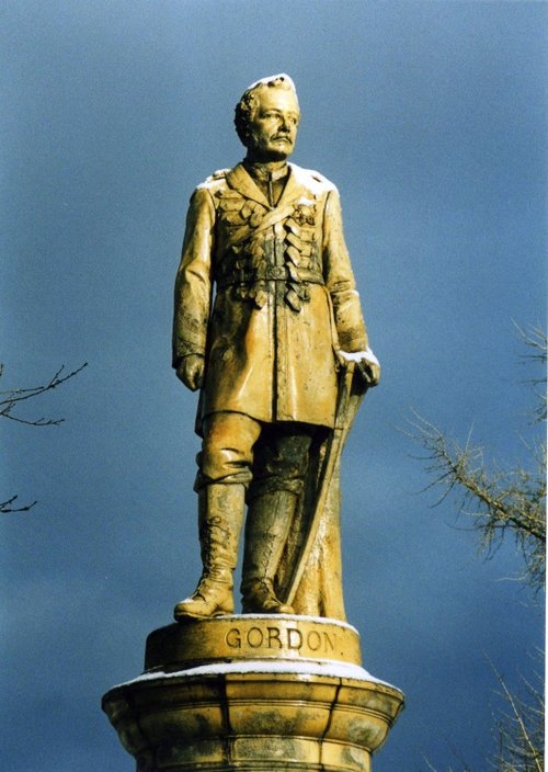 Snow Covered Statue of General Gordon in Gordon Gardens, Gravesend