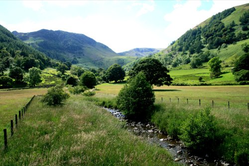 The Fells and Fields round Glencoyne Bay, Ullswater. English Lakes.
