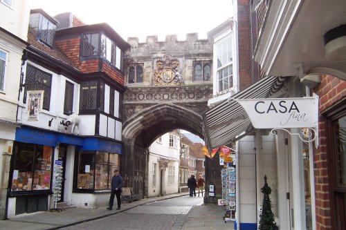 Medieval gate near postcard shop