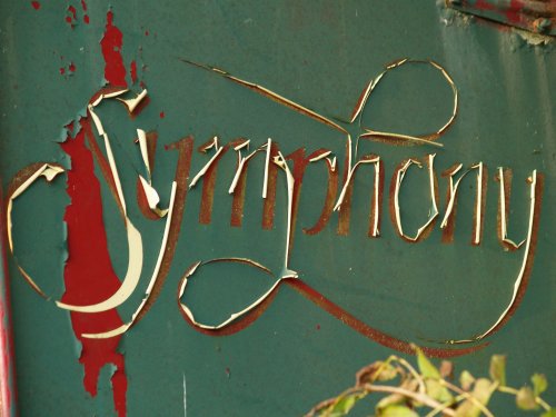 Perfectly peeling paint on abandoned lorry trailer, King's Sutton, Northants