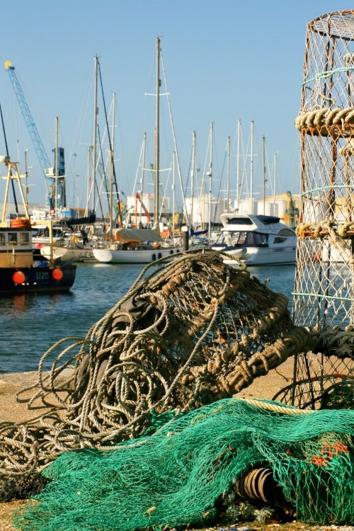 Crab pots on the quay.