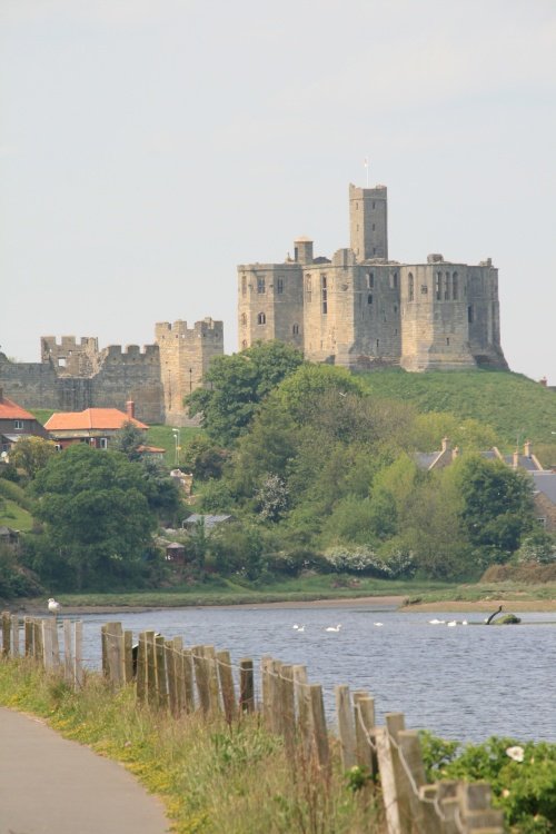 A view of Warkworth Castle from the coast road