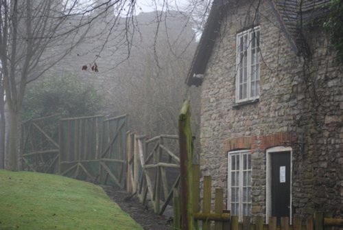 Cottage at the Castle on a foggy day