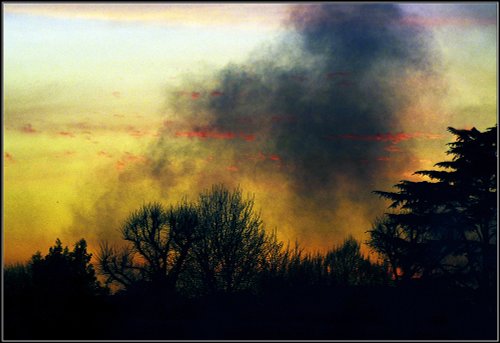 Sunset through the smoke.