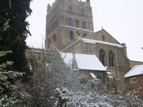 Snow over Tewkesbury Abbey