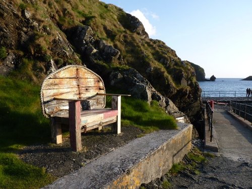 Novel bench made from parts of a boat, Mullion Cove, Cornwall