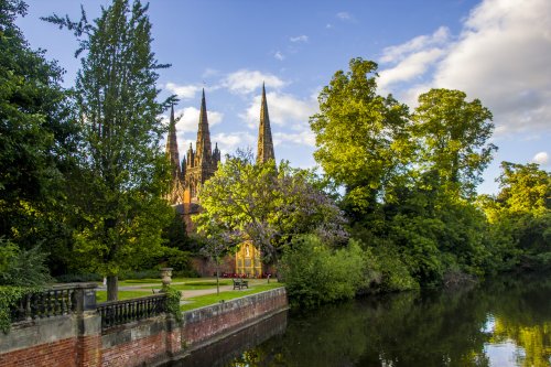 Lichfield Cathedral from Minster Pool.