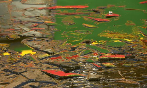Narrowboat Reflection in Broken Ice, Caldon Canal, Longsdon, Staffordshire