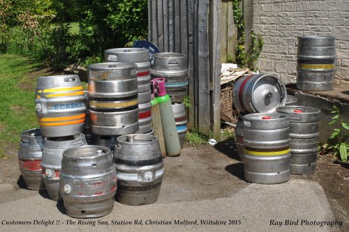 Barrels outside the Rising Sun Pub, Christian Malford, Wiltshire 2015