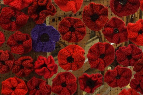 Knitted Remembrance Poppies in the Church, Monyash, Derbyshire