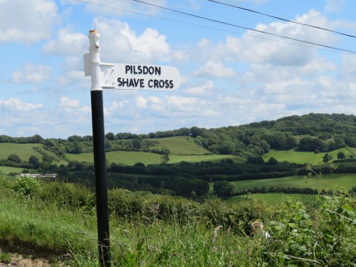 Old-fashioned signpost pointing to Pilsdon, Dorset