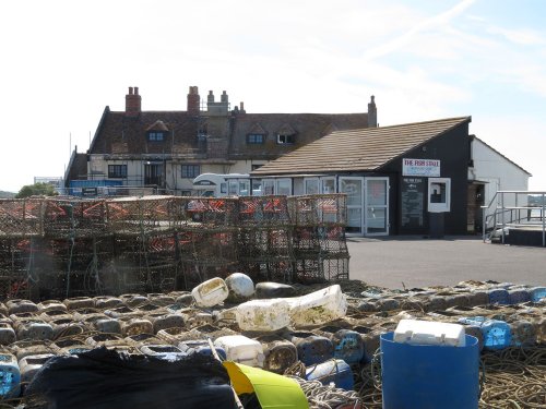 The fish stall and workers housing at Mudeford Quay, Dorset