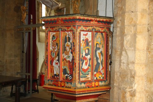 The decorated pulpit in the Church of St. Etheldreda in Horley
