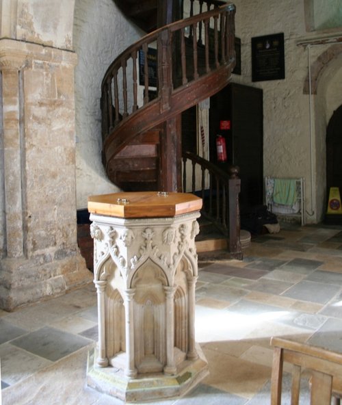Interesting font and spiral staircase in St. Michael's, Cumnor