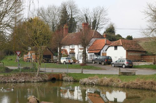 The Harrow pub and the duck pond, West Ilsley