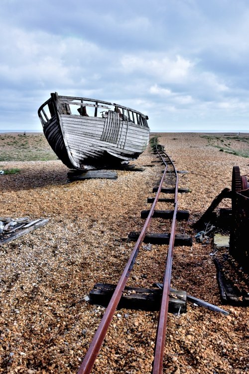 A Derelict Boat with Rail Track at Dungeness