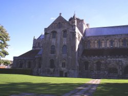 The left facade of Romsey Abbey, Hampshire Wallpaper