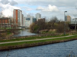 River Aire (left) and Leeds and Liverpool Canal winding their way into City Centre Leeds Wallpaper