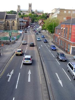 View along Broadgate from the footbridge, looking towards Lincoln Cathedral