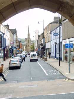 Looking out of the Archway at the side of the Parish Church Huddersfield.